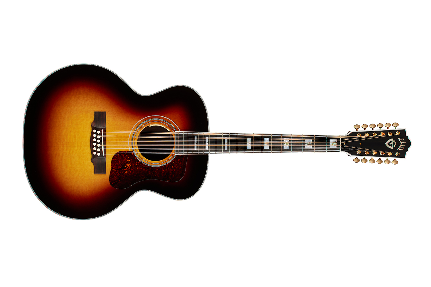 Horizontal front view of F-512 Antique Burst guitar