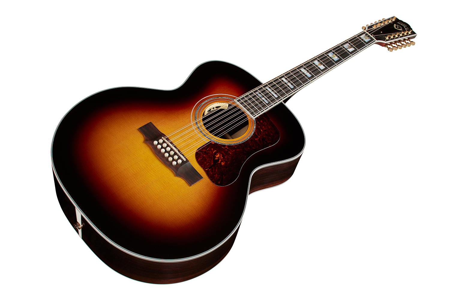 Horizontal front angle view of F-512 Antique Burst guitar