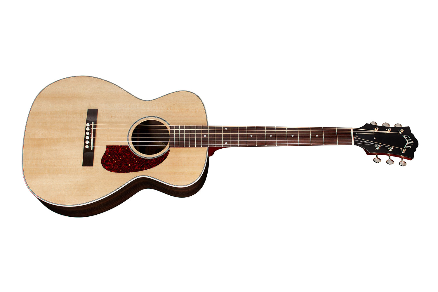 Horizontal side view of M-50 Standard Natural acoustic guitar