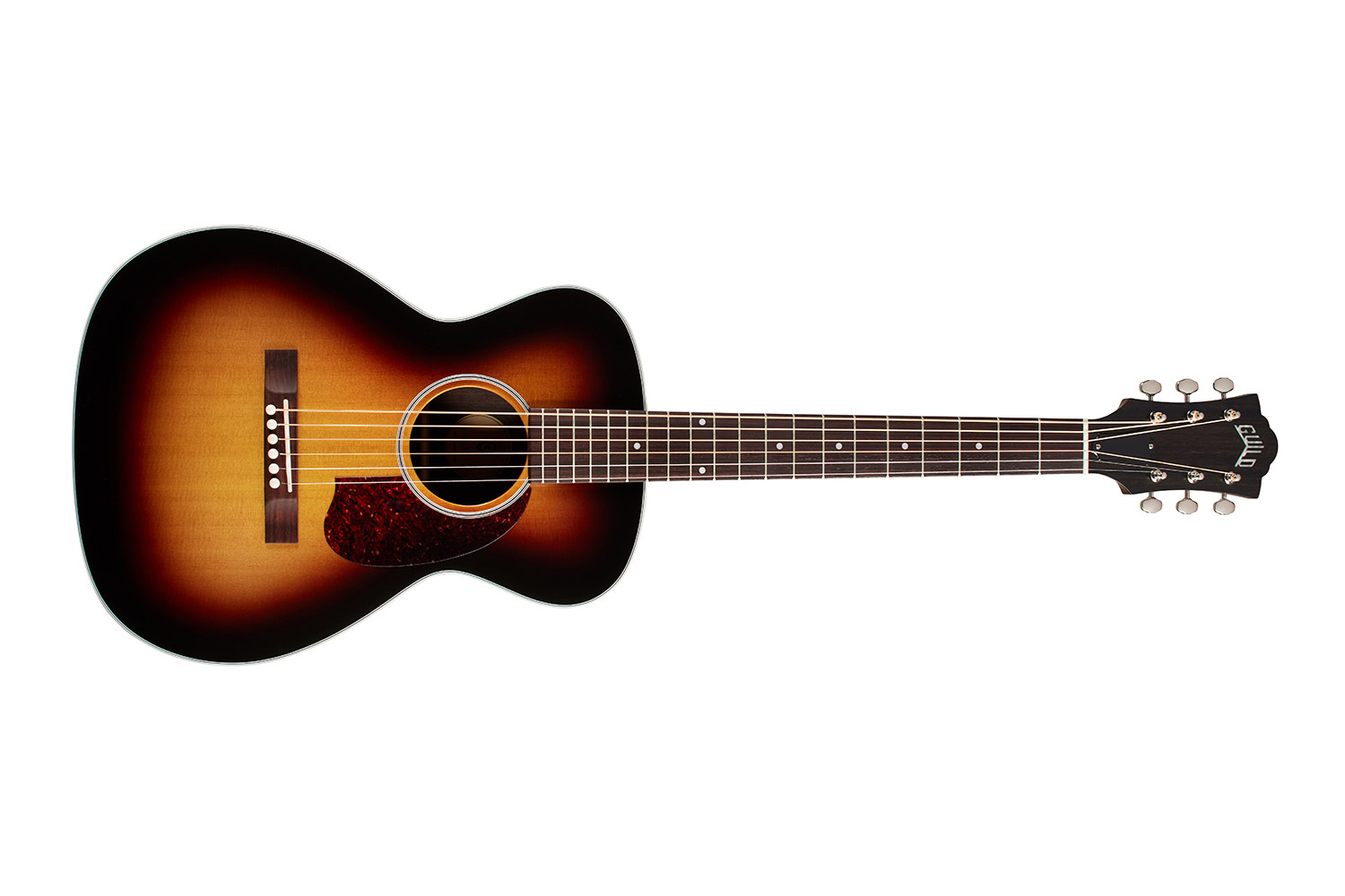 Horizontal front view of M-50 Standard Antique Burst acoustic guitar