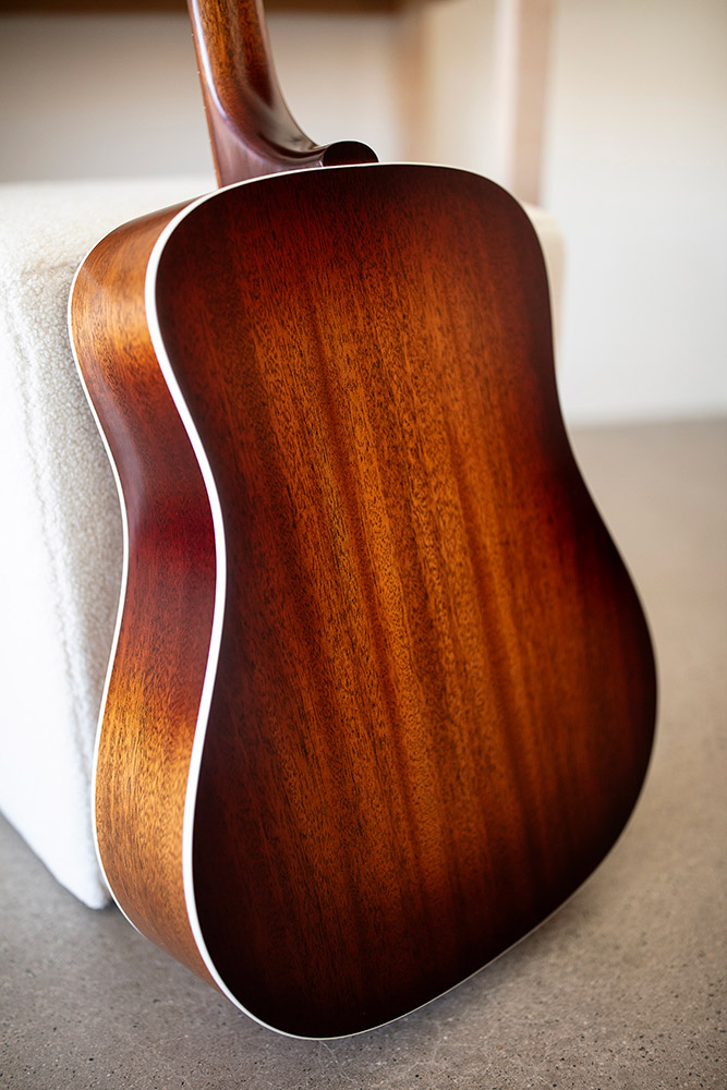 Back view of D-40 Standard Pacific Sunset Burst body showcasing the solid African mahogany