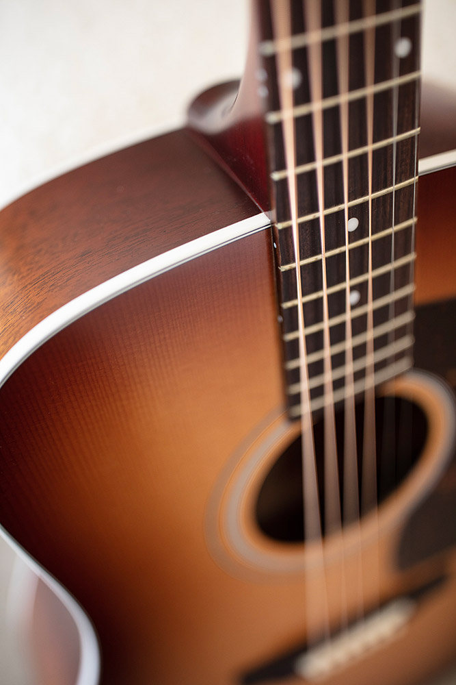 Top down view of D-40 Standard Pacific Sunset Burst neck and body