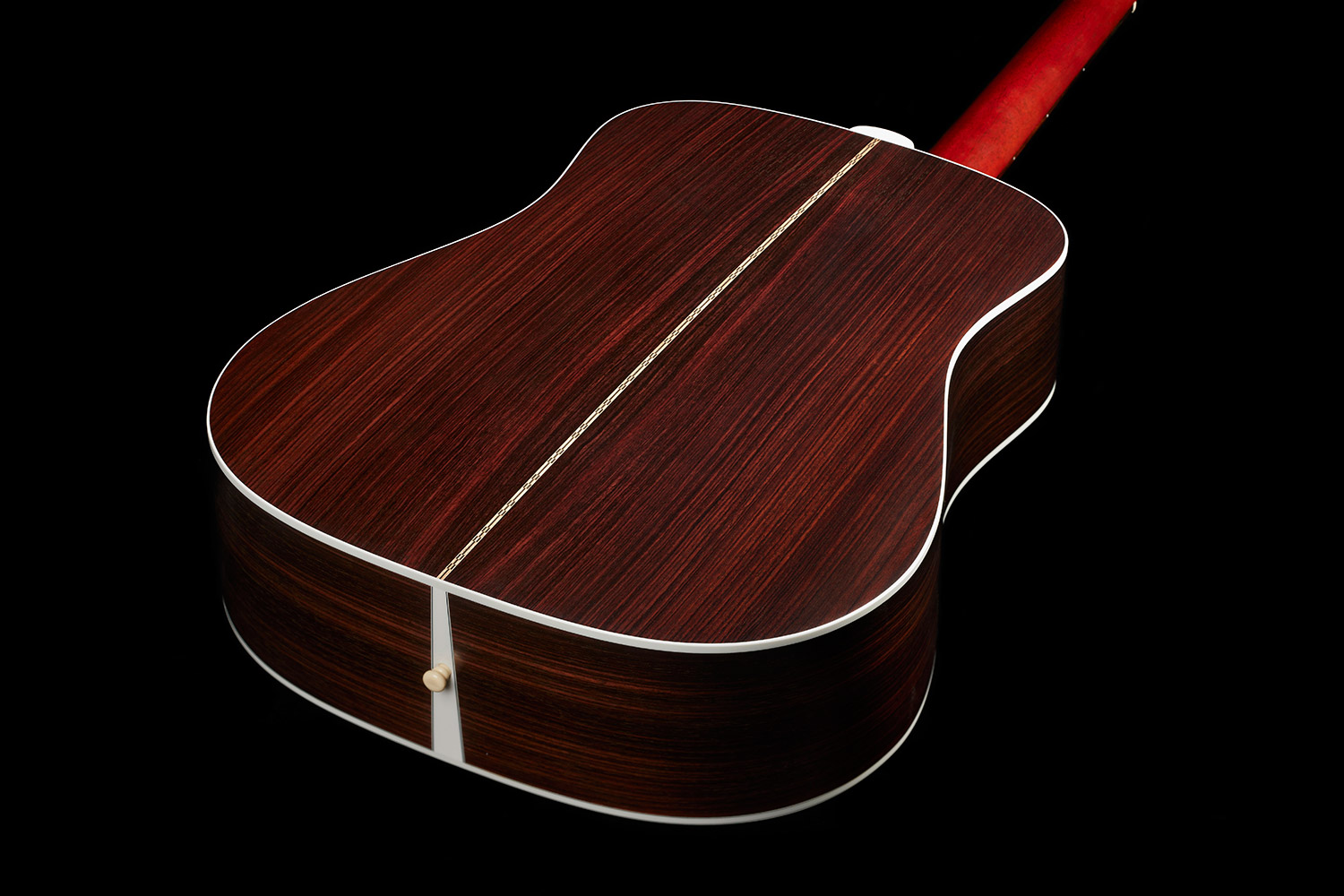Top down back view of D-50 Standard Natural body highlighting solid Indian rosewood back and sides