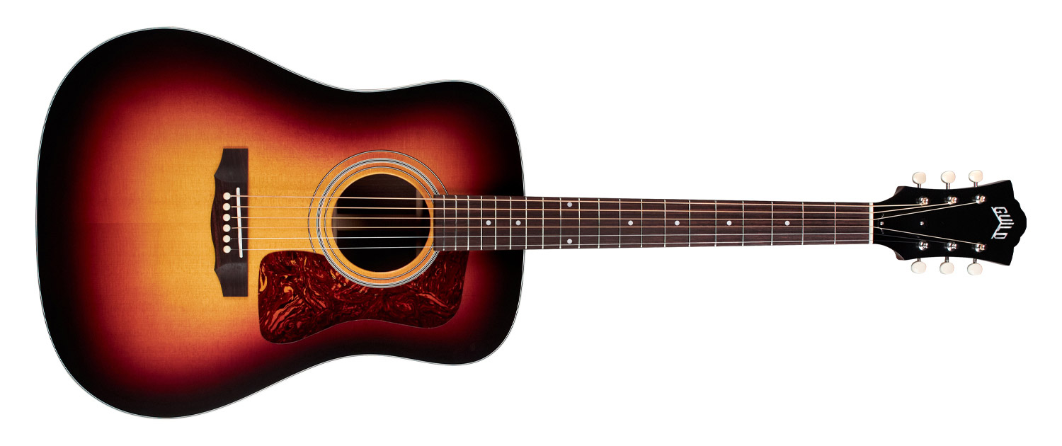 Horizontal front view of D-50 Standard Antique Burst acoustic guitar