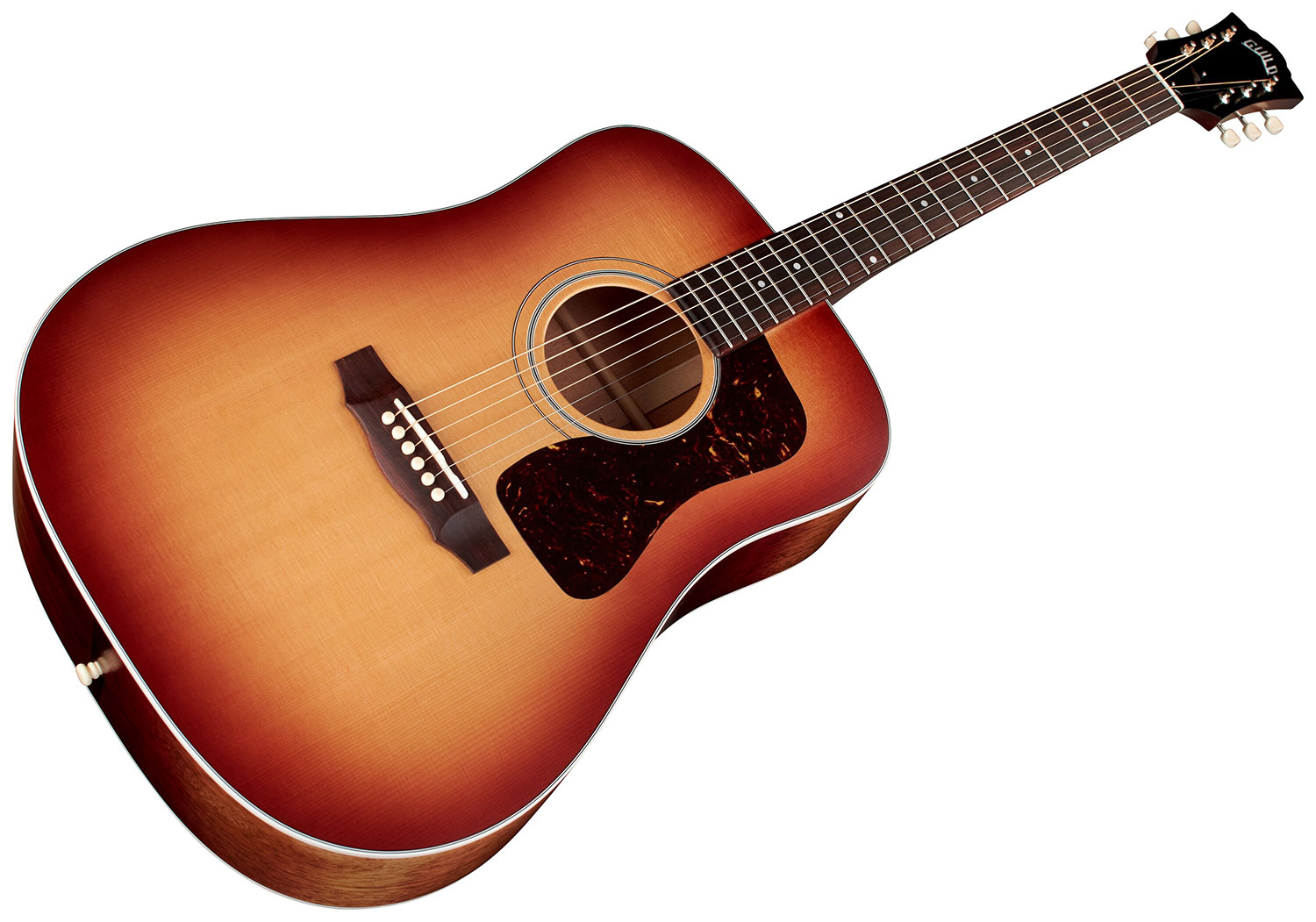 Horizontal angled front view of D-40 Standard Pacific Sunset Burst acoustic guitar