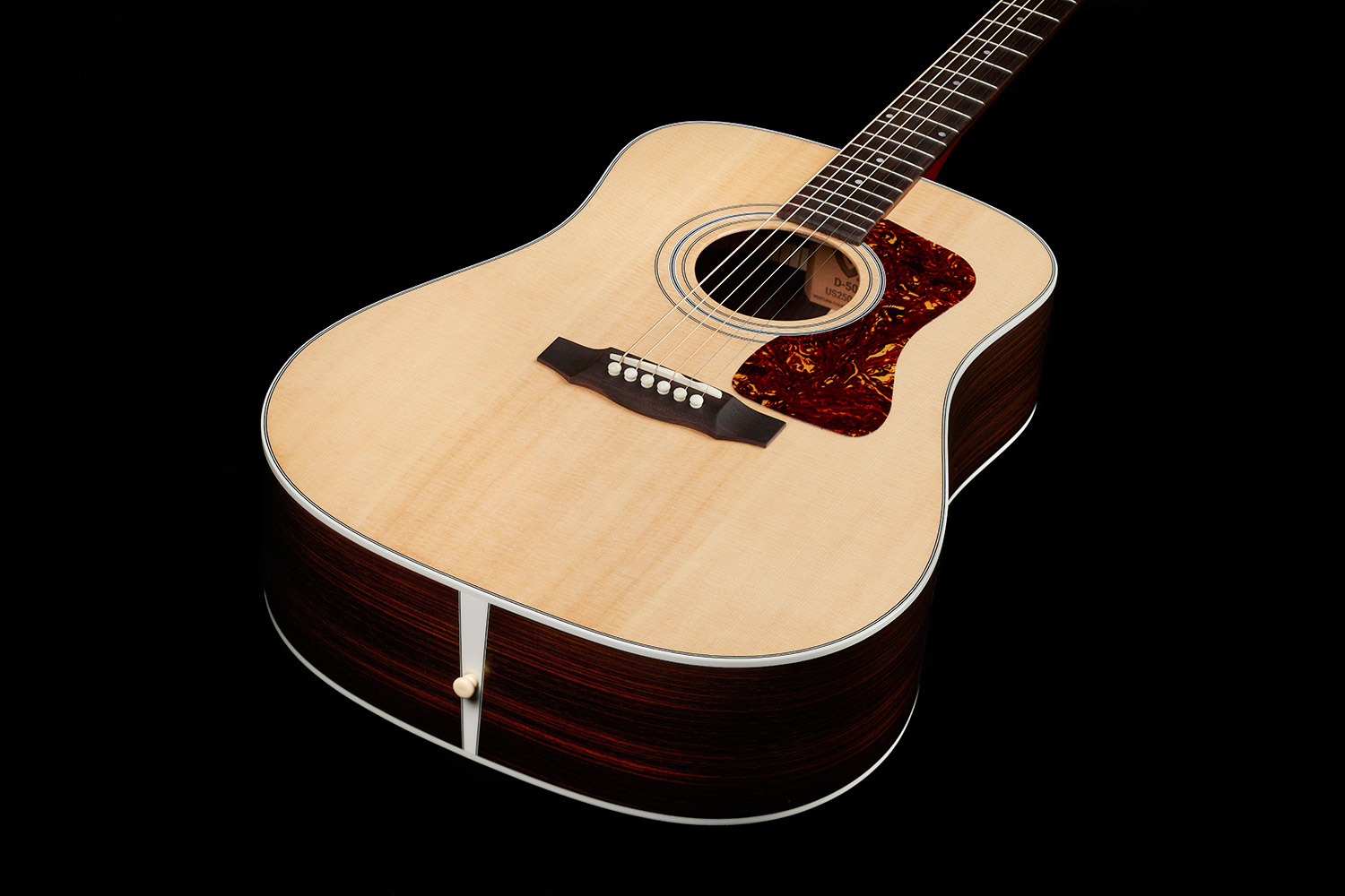 Top down view of D-50 Standard Natural body highlighting solid Sitka spruce top