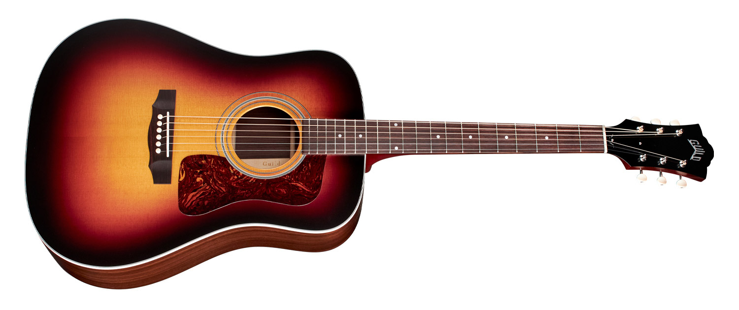 Horizontal side view of D-50 Standard Antique Burst acoustic guitar