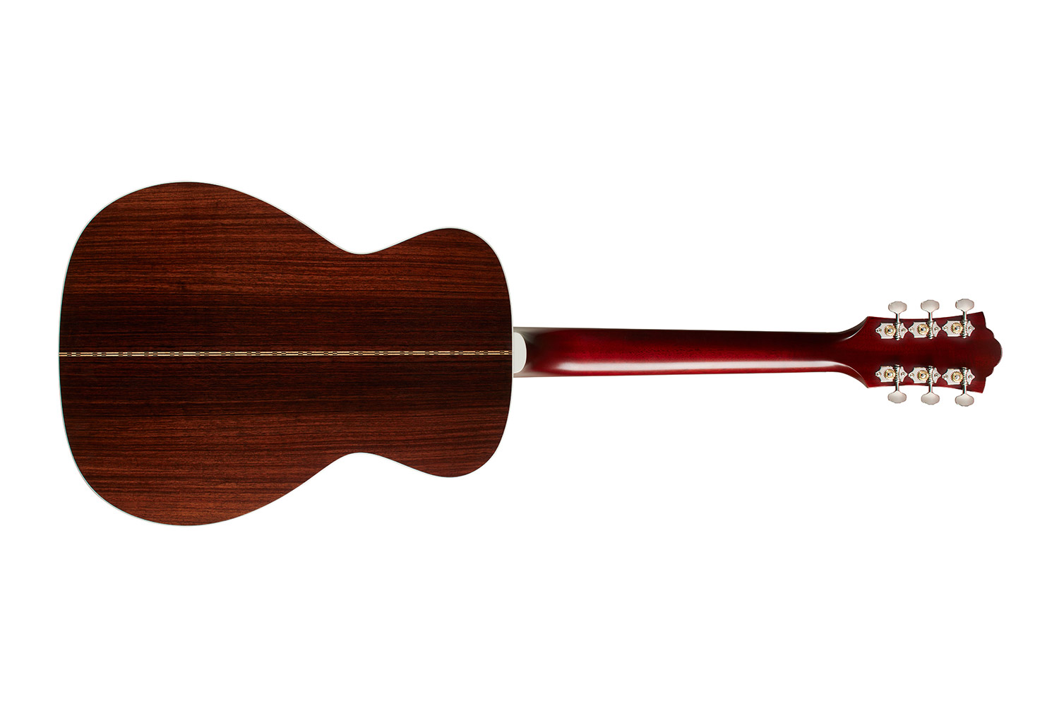 Horizontal back view of M-50 Standard Antique Burst acoustic guitar