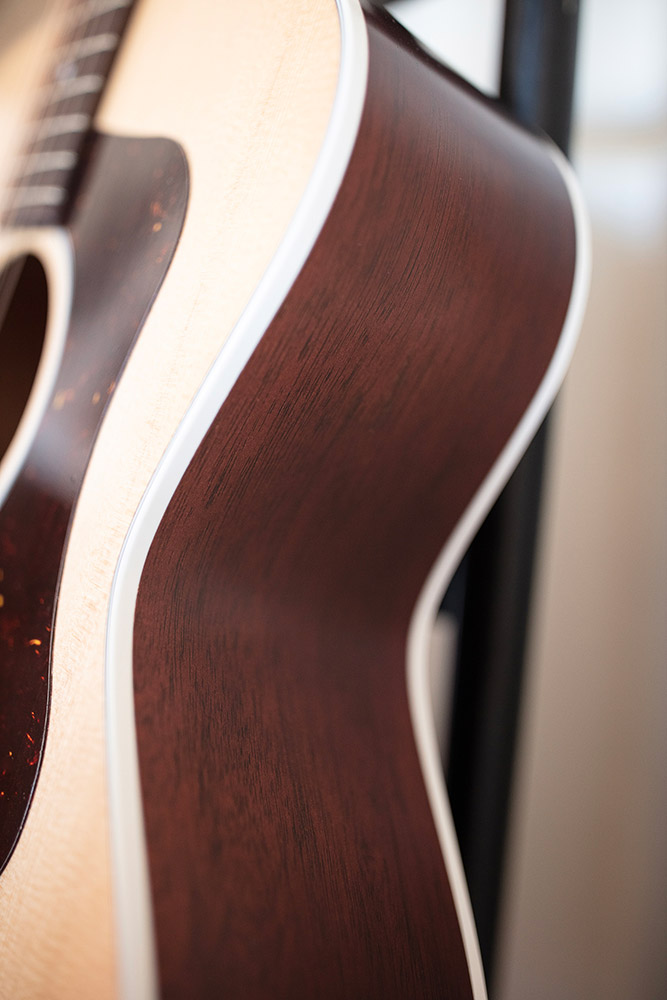 Close-up of F-40 Standard Natural side highlighting solid African mahogany