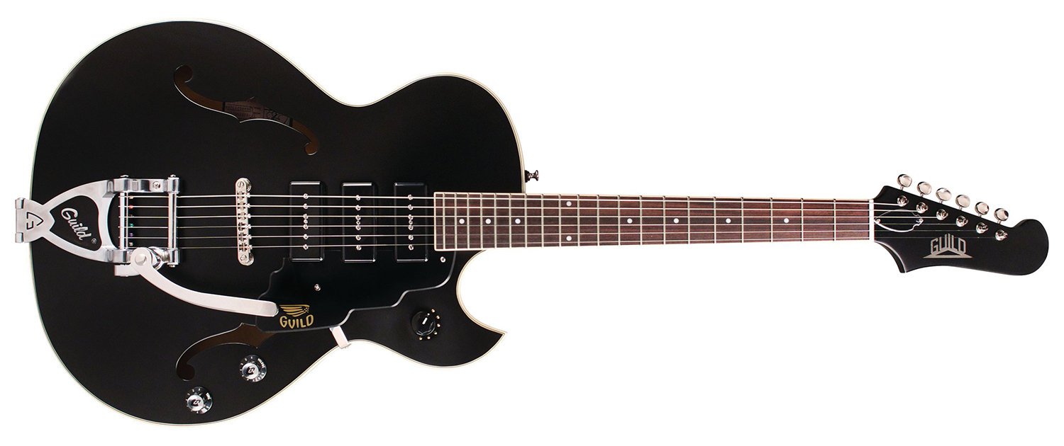 Horizontal front view of Starfire I Jet90 Satin Black guitar