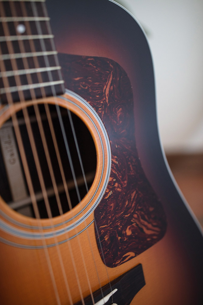 Close-up of D-50 Standard Antique Burst soundhole and pickguard