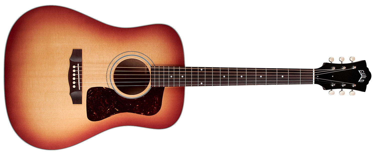 Horizontal front view of D-40 Standard Pacific Sunset Burst acoustic guitar