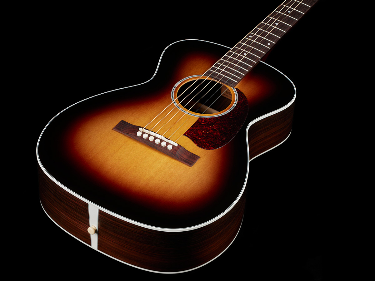 View of the M-50 Standard Antique Burst body highlighting the solid Sitka spruce top