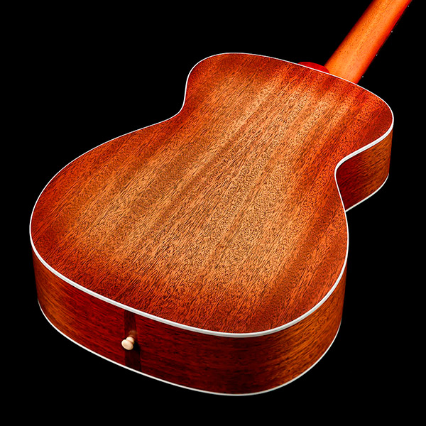 View of M-40 Standard Pacific Sunset Burst back showcasing solid African Mahogany back and White ABS body binding thumb