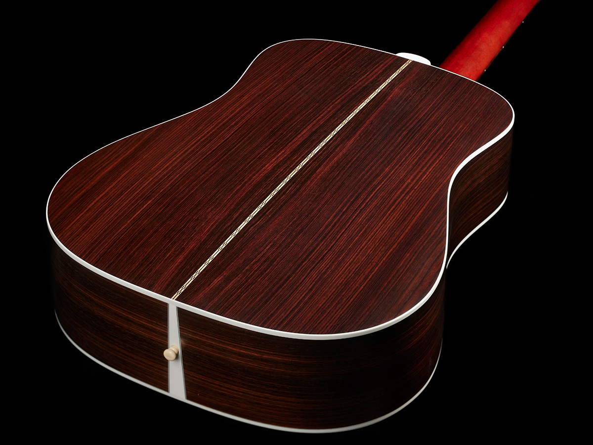 Back view of D-50 Standard Natural body highlighting the solid Indian rosewood back and sides