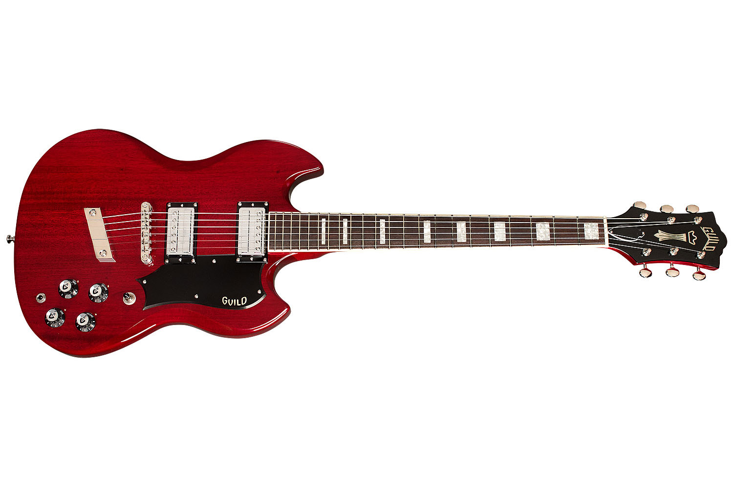 Horizontal side view of Polara Deluxe Cherry Red guitar