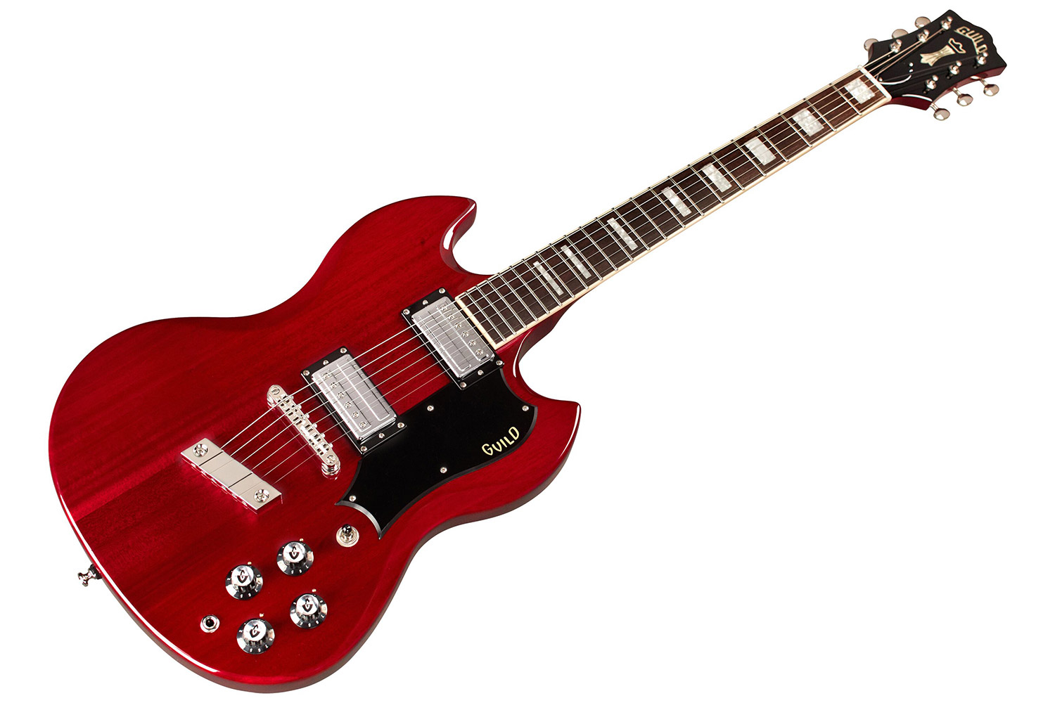 Angled front view of Polara Deluxe Cherry Red guitar