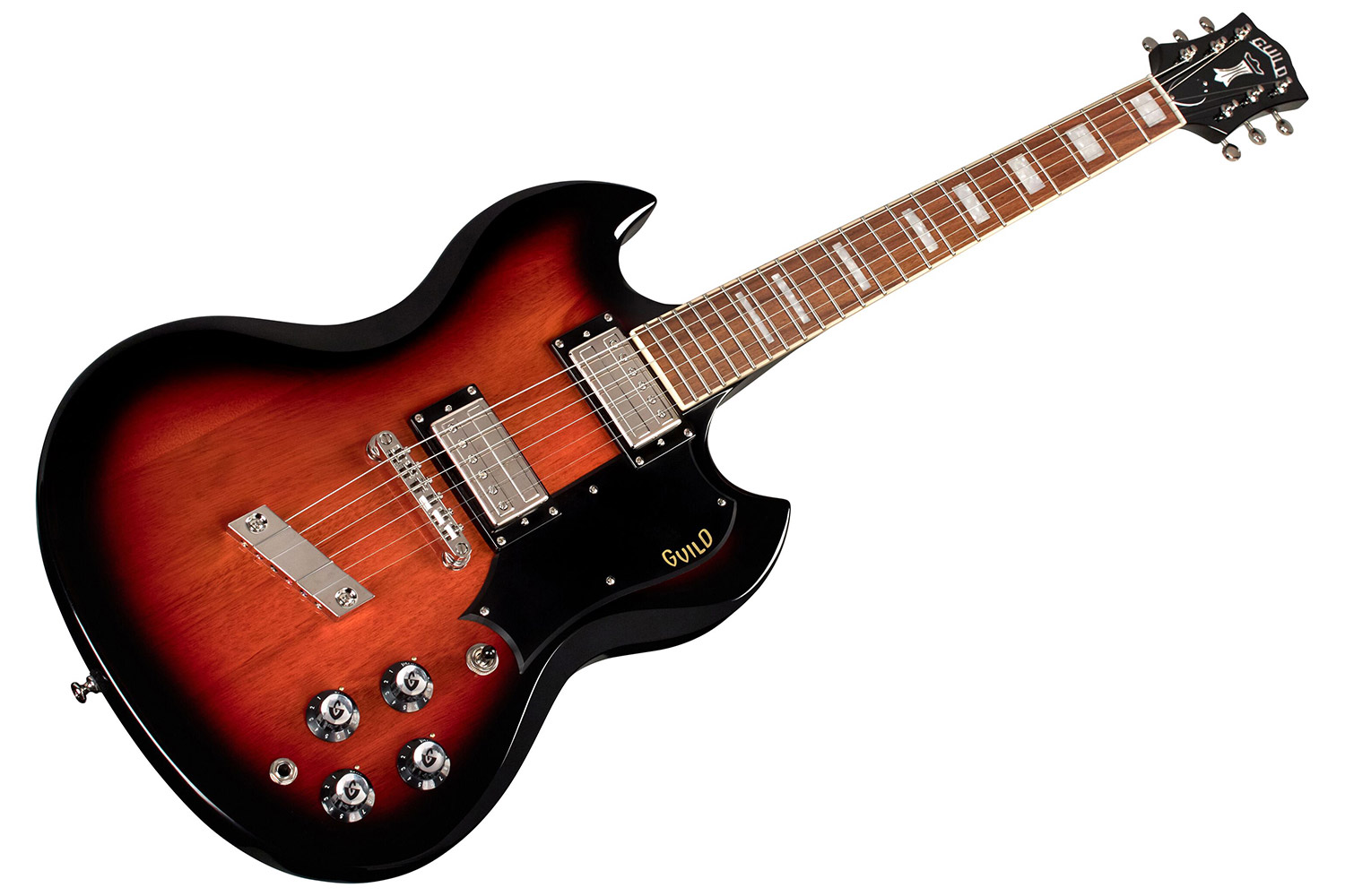 Angled front view of Polara Deluxe Vintage Sunburst guitar