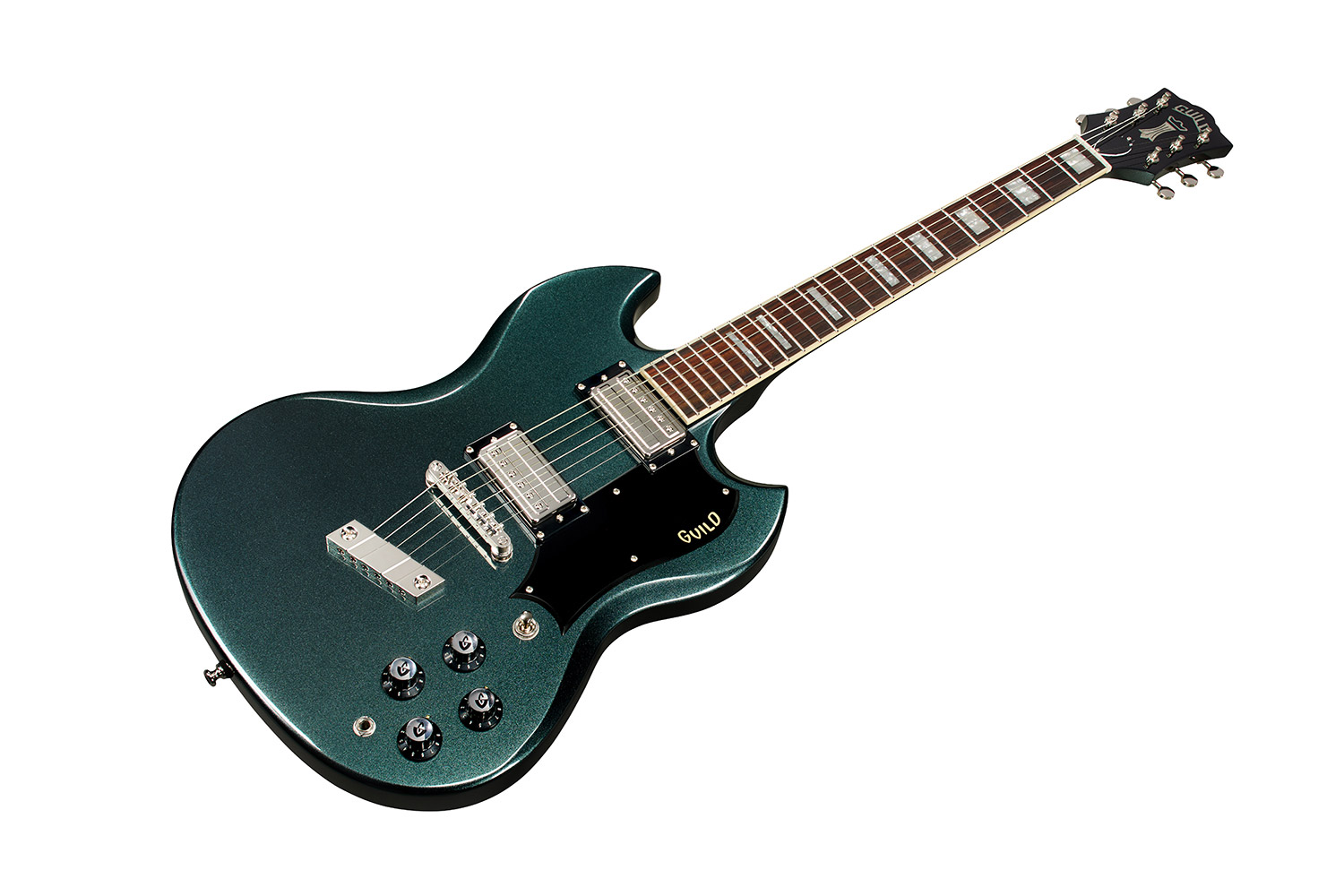 Angled front view of Polara Deluxe Kingswood Green guitar