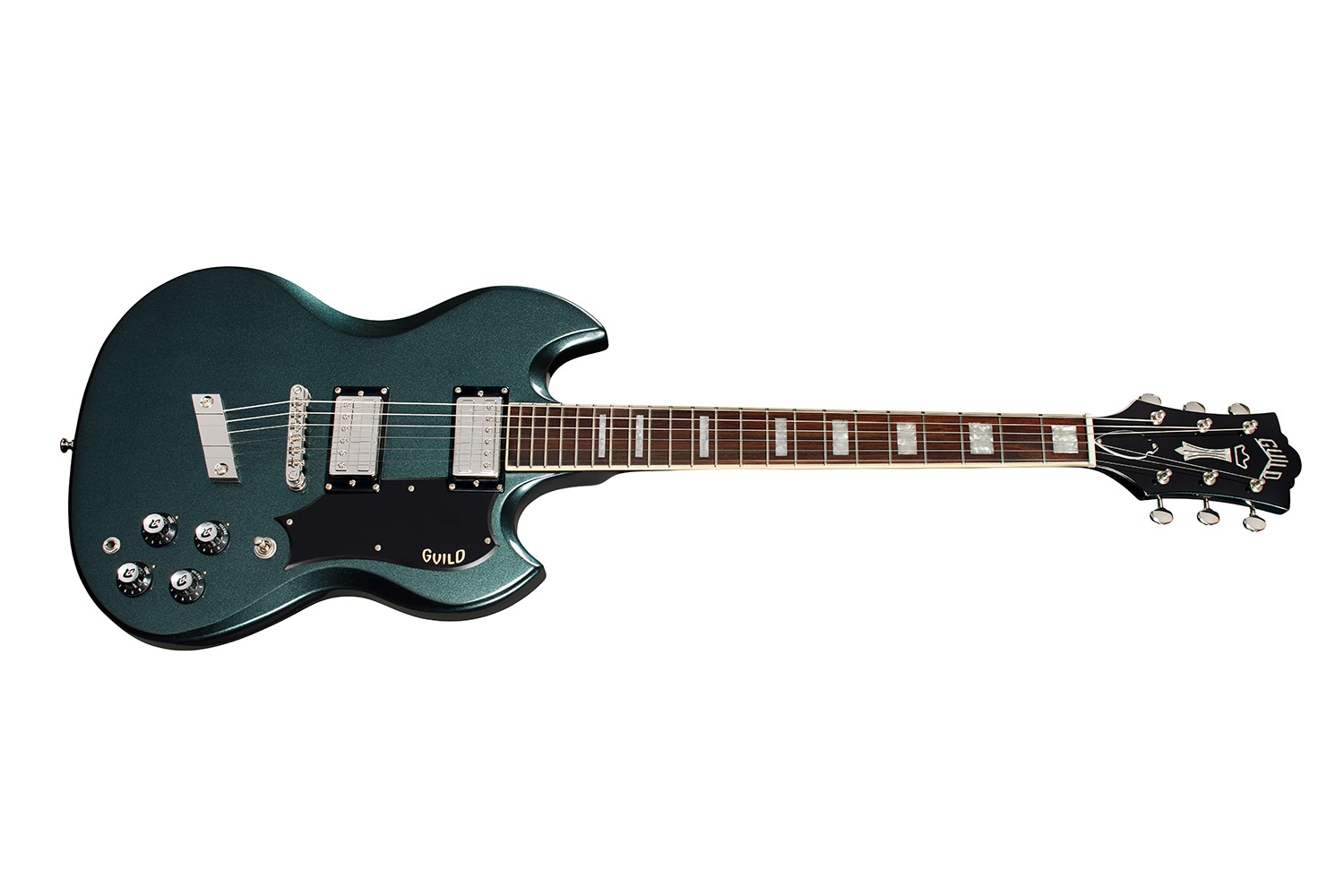 Horizontal side view of Polara Deluxe Kingswood Green guitar