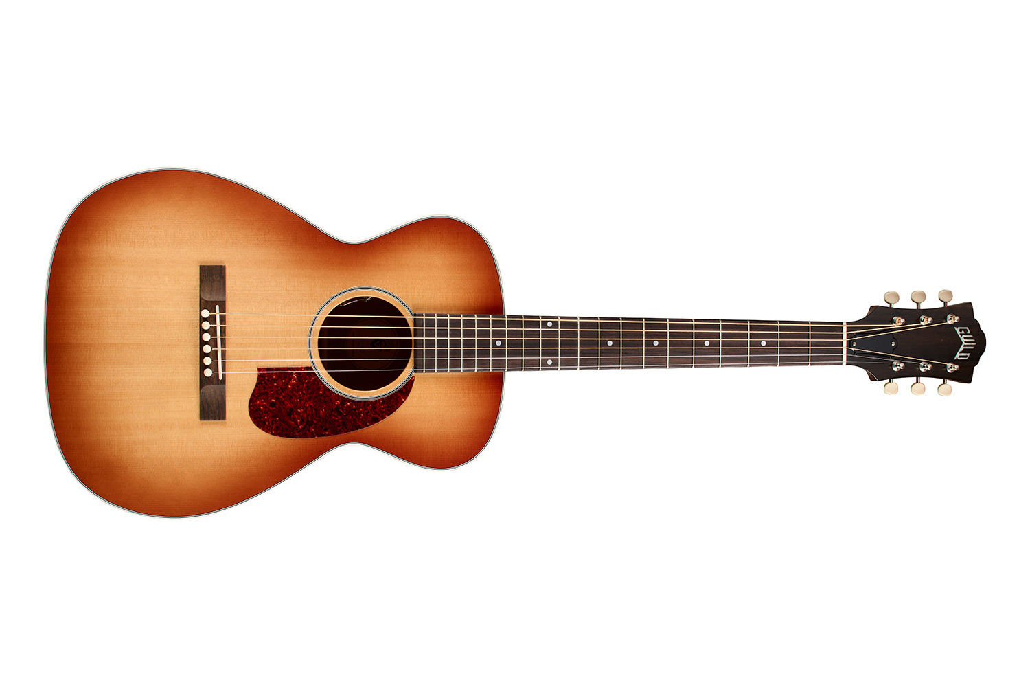 Horizontal front view of M-40E Standard Pacific Sunset Burst acoustic guitar