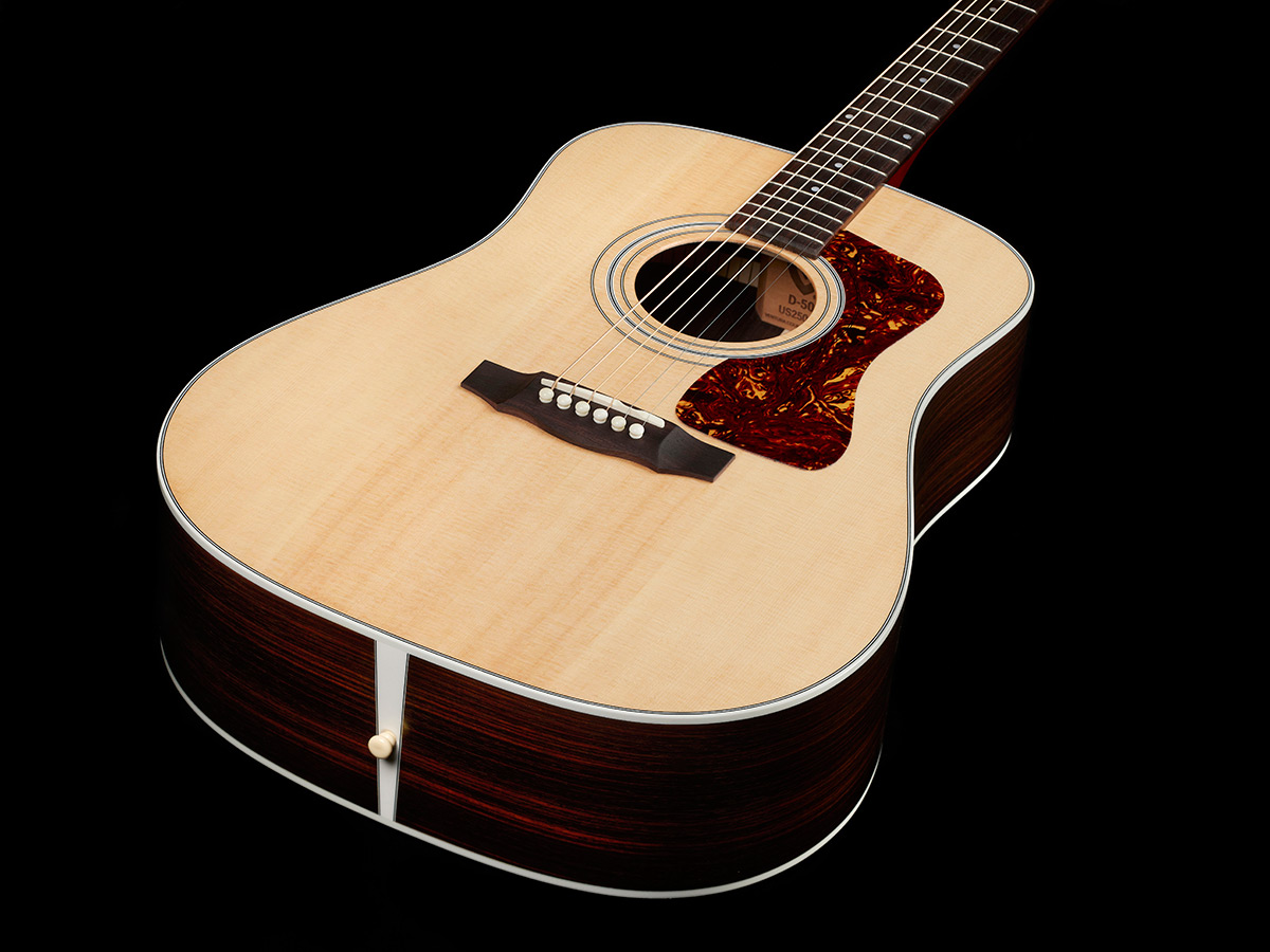 View of D-50 Standard Natural body highlighting the solid Sitka spruce top