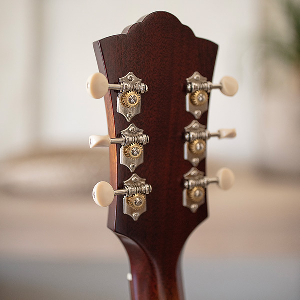 Close-up of the back of the D-40 Standard Pacific Sunset Burst headstock thumb