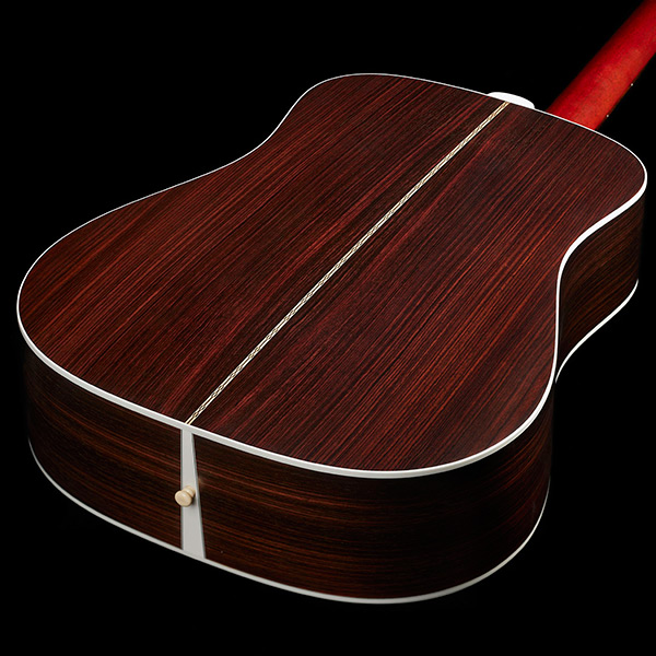 Top down back view of D-50 Standard Natural body highlighting solid Indian rosewood back and sides thumb