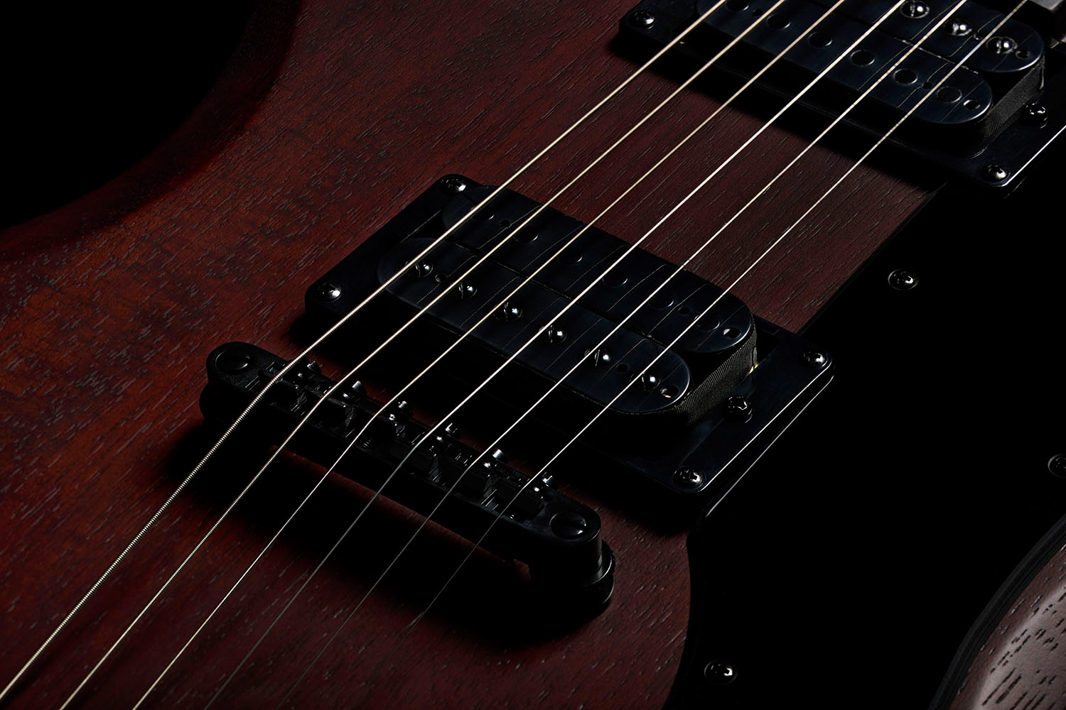 Close-up of Polara Limited Night Edition Vintage Walnut pickups