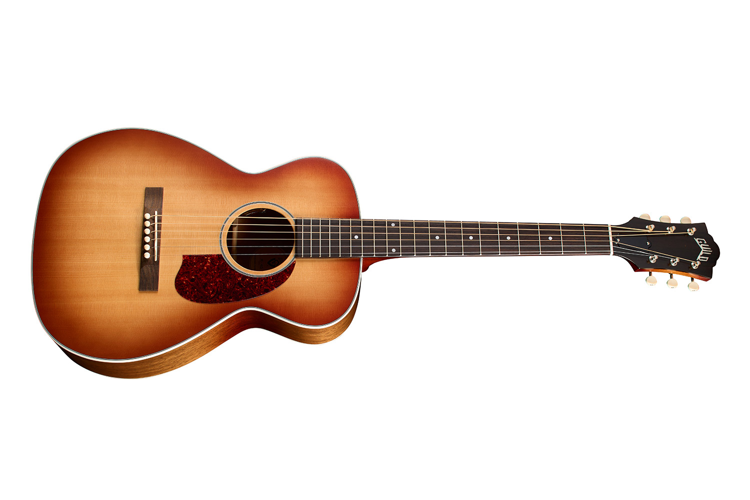 Horizontal side view of M-40E Standard Pacific Sunset Burst acoustic guitar 