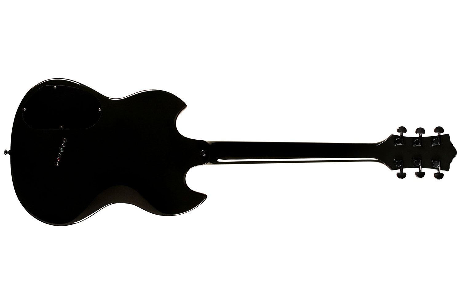 Horizontal back view of Polara Night Edition Tungsten electric guitar