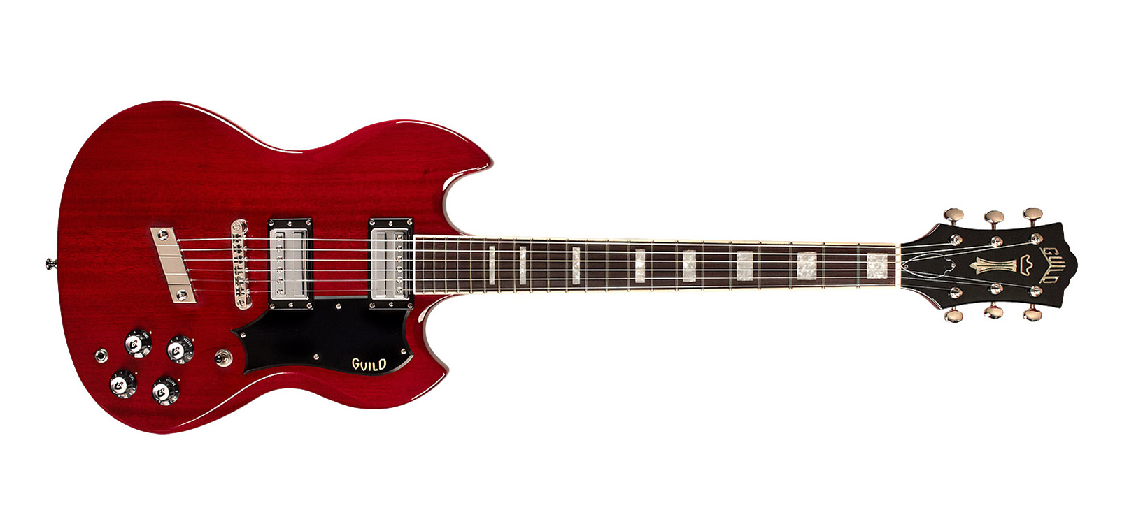 Horizontal back view of Polara Deluxe Cherry Red guitar