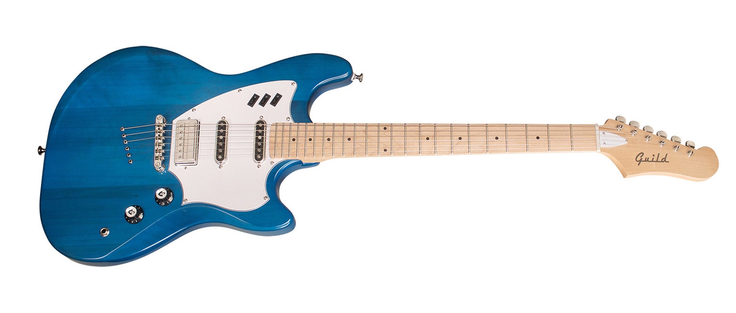 Horizontal view of  Surfliner Catalina Blue electric guitar slightly angled