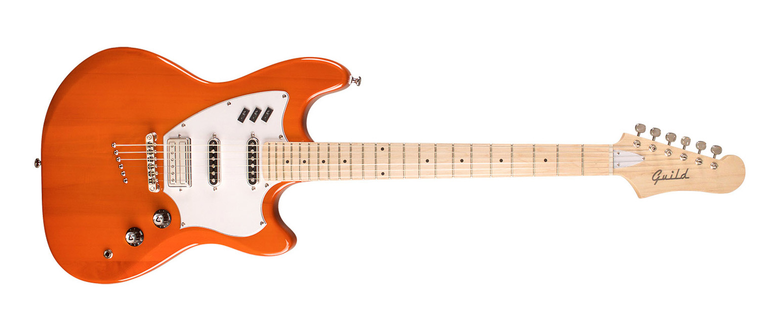 Horizontal front view of Surfliner Sunset Orange electric guitar