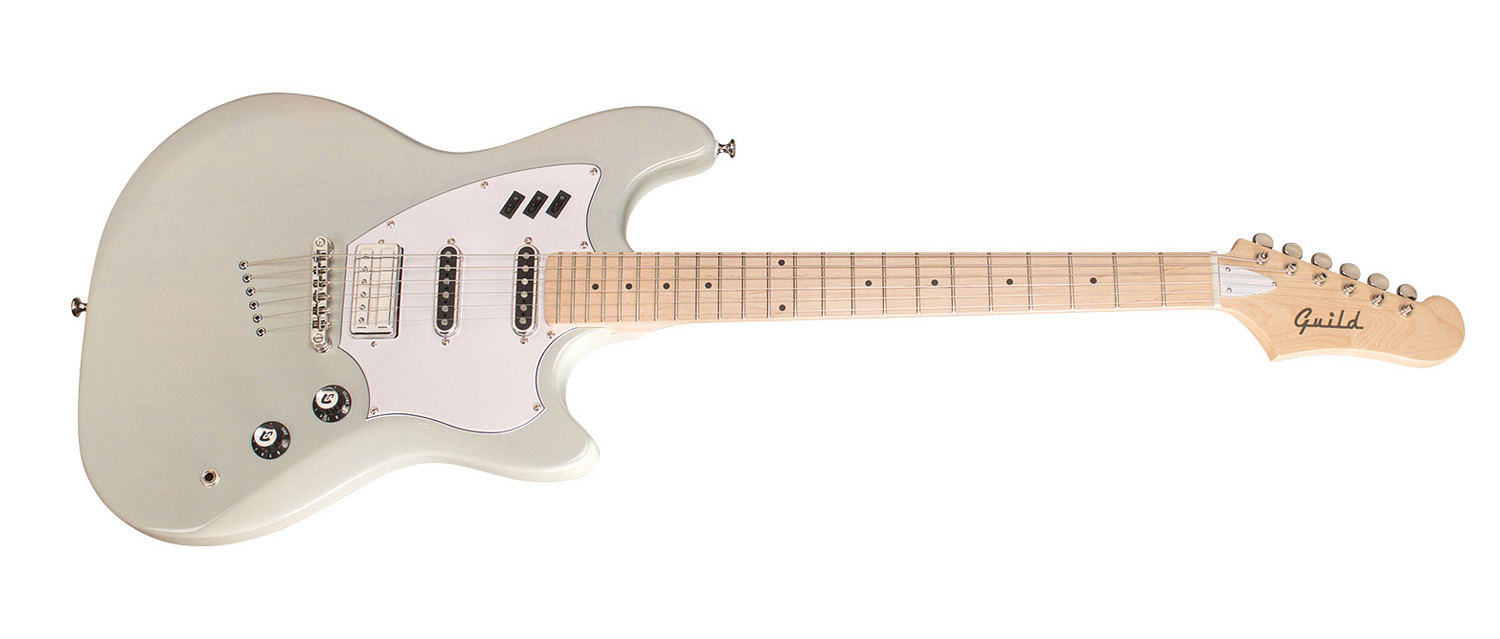 Horizontal view of  Surfliner Sage White electric guitar slightly angled