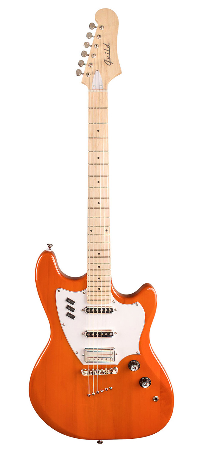 Vertical front view of Surfliner Sunset Orange electric guitar 