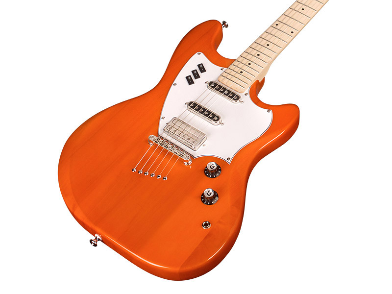 Close up front angled body view of Surfliner Sunset Orange electric guitar 