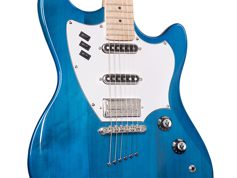 Close up front body view of Surfliner Catalina Blue electric guitar 