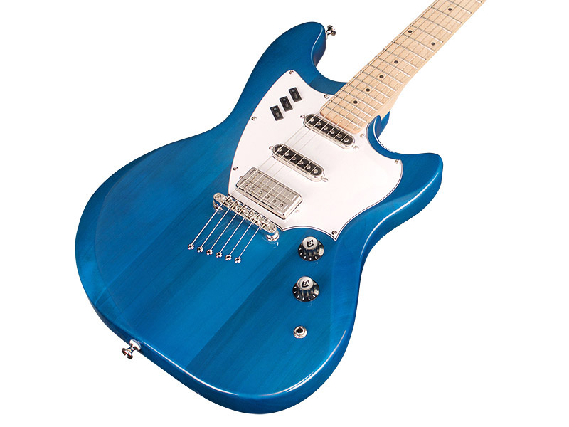 Close up front angled body view of Surfliner Catalina Blue electric guitar 
