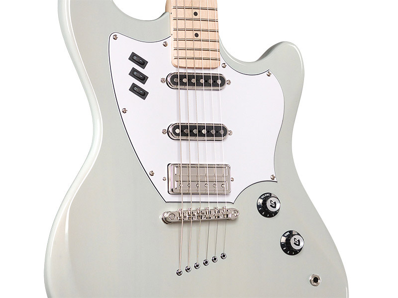 Close up front body view of Surfliner Sage White electric guitar 