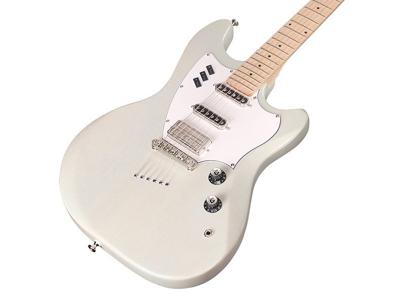 Close up front angled body view of Surfliner Sage White electric guitar 