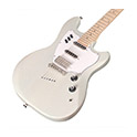 Close up front angled body view of Surfliner Sage White electric guitar 