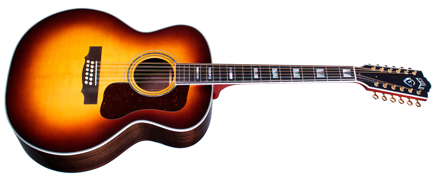 Horizontal side view of F-512 Antique Burst guitar