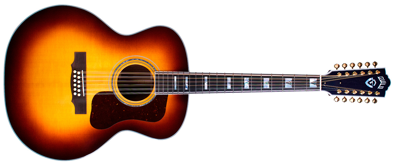 Horizontal front view of F-512 Antique Burst guitar