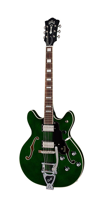 Vertical view of Starfire I DC Emerald Green electric guitar