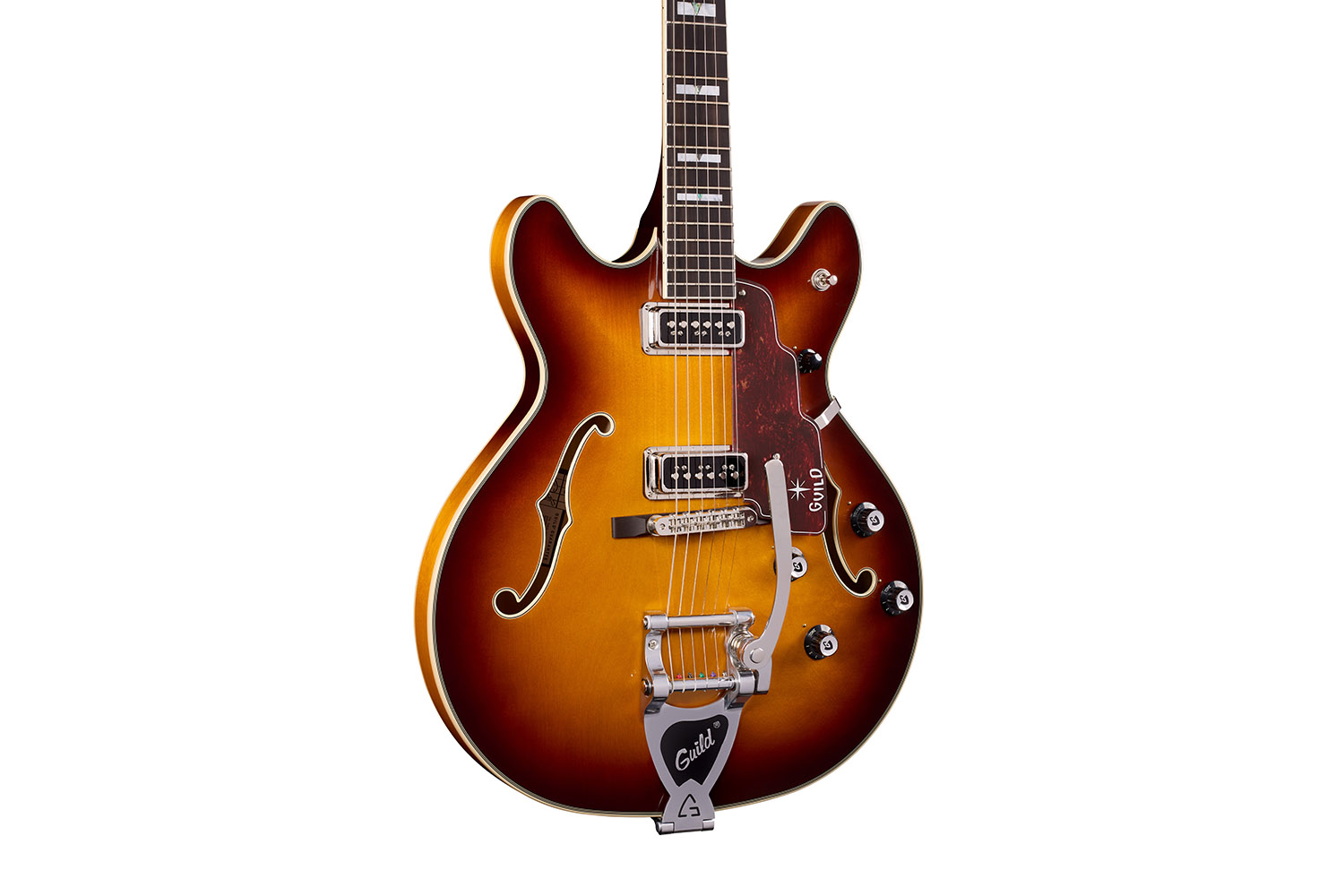 Close-up body view of Starfire Custom DC GVT Sweet Tea guitar