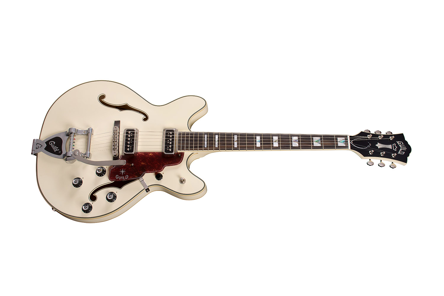 Horizontal side view of Starfire Custom DC GVT Vintage White guitar
