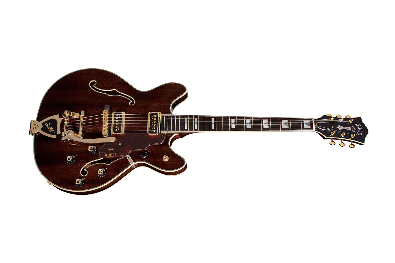 Horizontal side view of Starfire Custom DC GVT GH Nobel Stain guitar