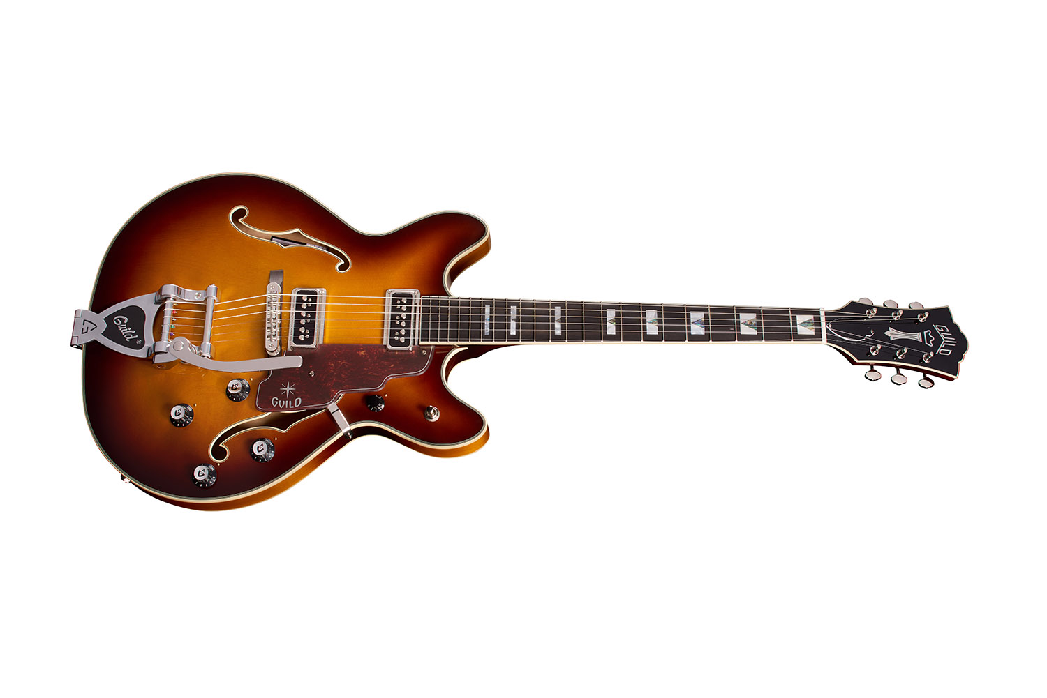 Horizontal side view of Starfire Custom DC GVT Sweet Tea guitar