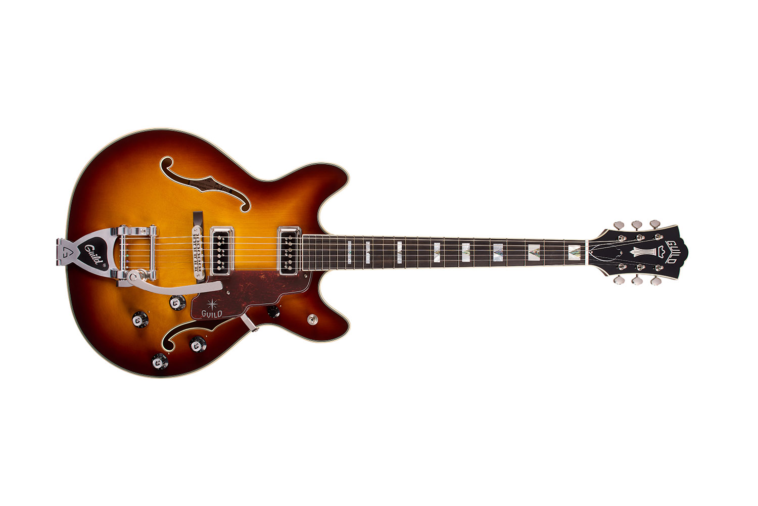 Horizontal front view of Starfire Custom DC GVT Sweet Tea guitar